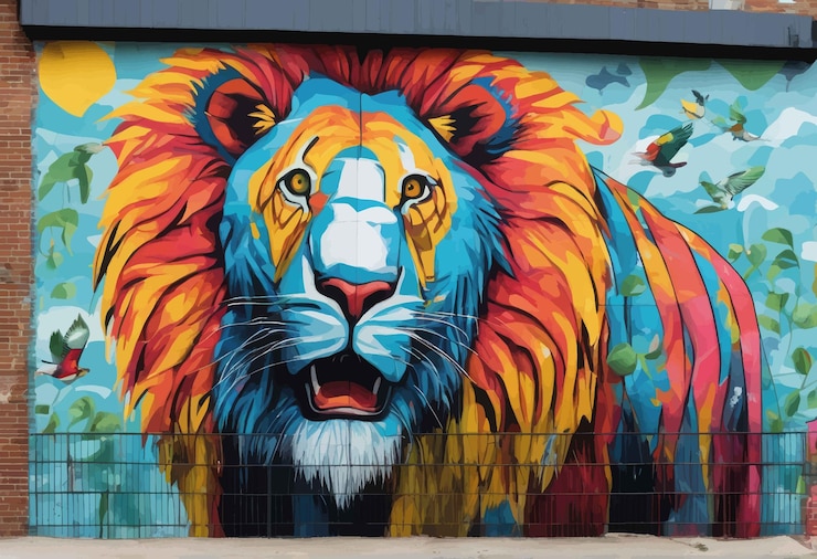 Vector lion in the city lion in the city beautiful shot of a colorful painted lion with a red brick wall