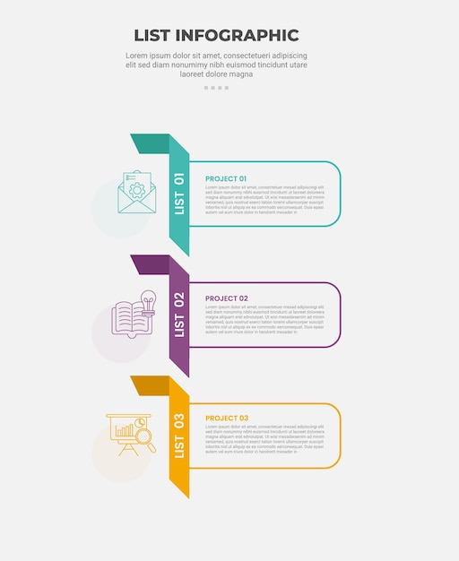list vertical stacked process infographic outline style with 3 point template with flipped ribbon style with round rectangle container for slide presentation