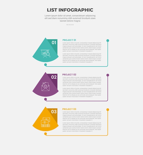 list vertical stacked process infographic outline style with 3 point template with piechart slice with dot line separator for slide presentation
