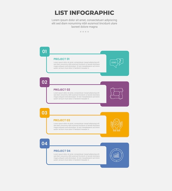 list vertical stacked process infographic outline style with 4 point template with round rectangle box with small square badge for slide presentation