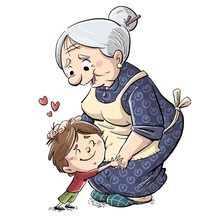 Vector little boy hugging his grandmother