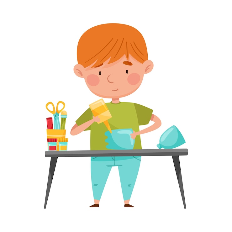 Vector little boy modeling from disposable plastic bottle sticking with glue vector illustration