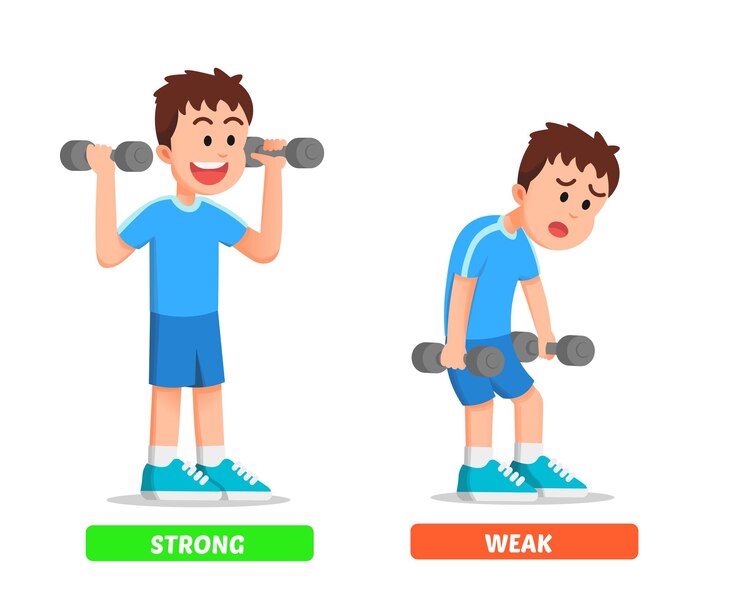 Vector little boy with strong and weak poses while lifting dumbbells