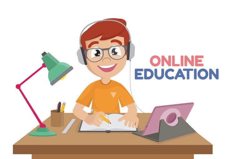 Vector little boy working at laptop online educationvector eps10