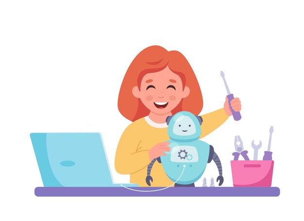 little girl building a robot robotics programming engineering for kids