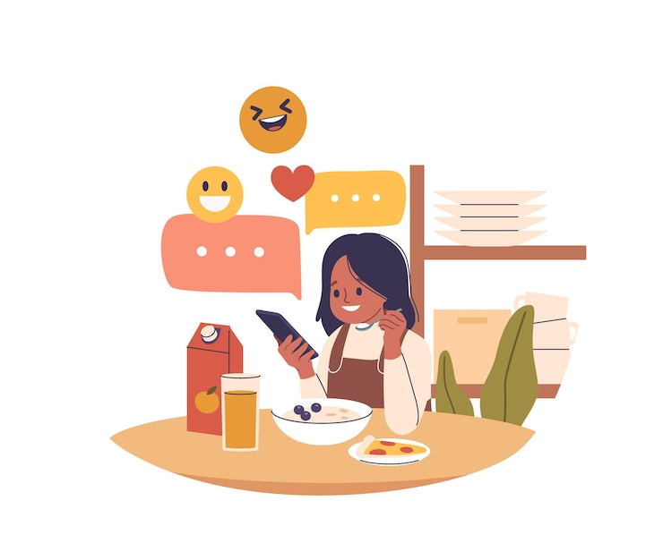 Vector little girl child character using mobile phone for chatting with friends during breakfast time scene