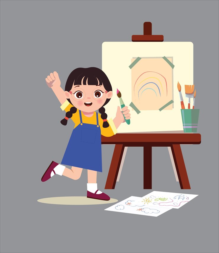 Little girl painting on canvas painting artist childrens hobbies on vector illustration