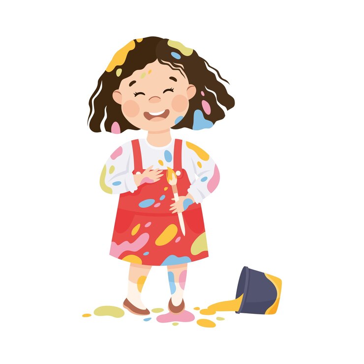 Vector little girl smeared in paints holding brush near overturned bucket vector illustration