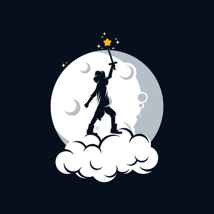 Vector little kid catching the stars on the moon