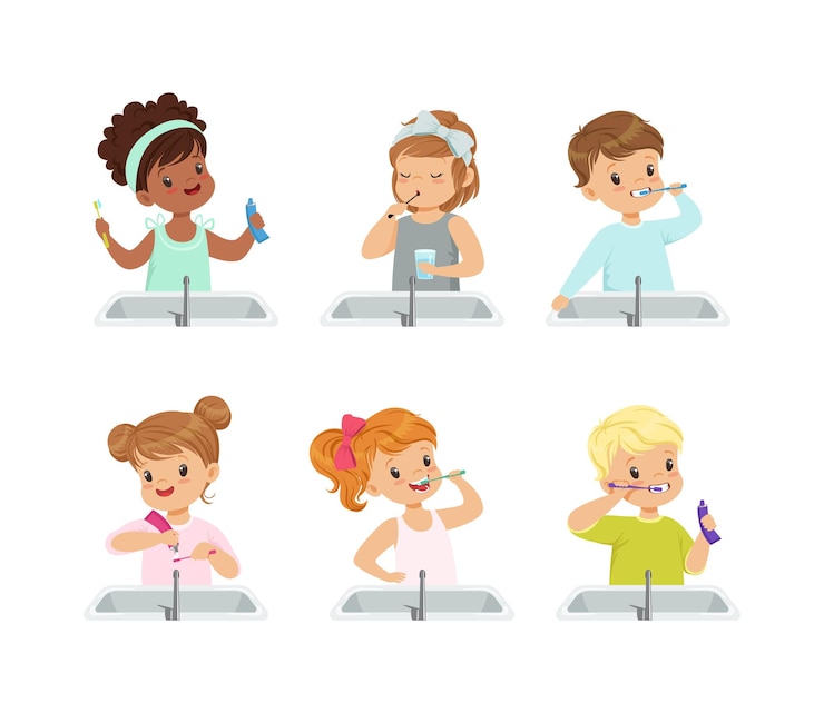 Vector little kids brushing teeth standing at bathroom wash stand with toothbrush and paste vector set