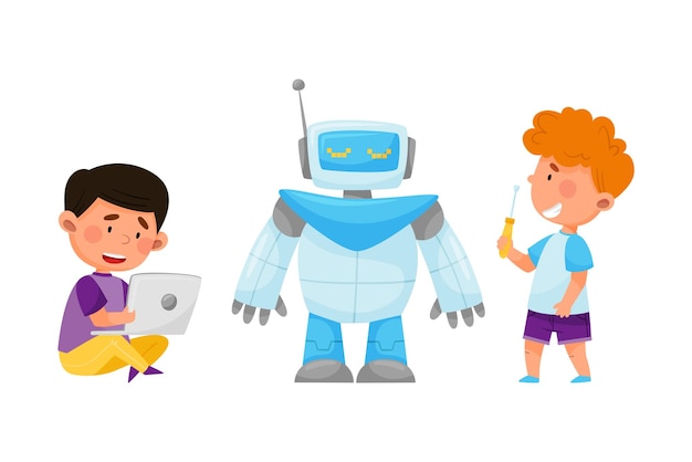 little kids repairing and configurating robot with laptop vector illustration