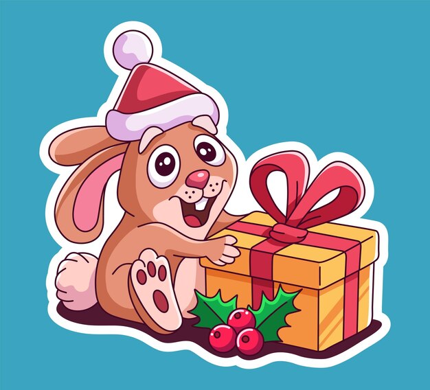 Little rabbit with gift box Christmas bunny Vector illustration sticker Rabbit in christmas hat
