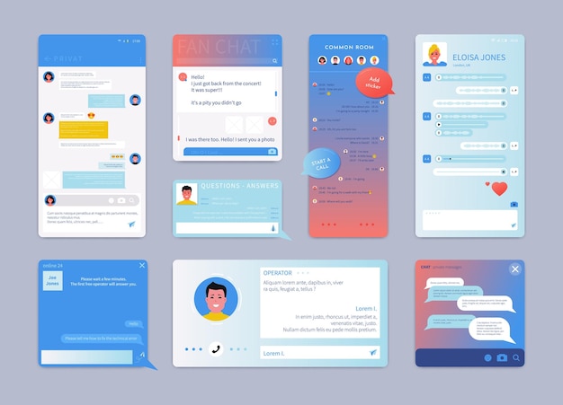 live chat app ui ux chatbot design smartphone screen of web support text messages on website page instant form mobile group communication vector phone messenger interface template