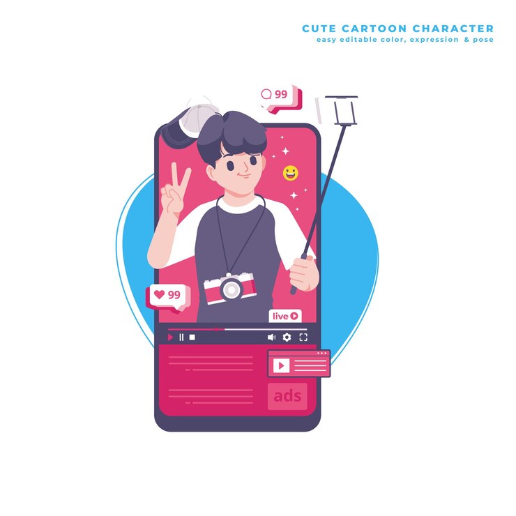 Vector live streaming cute cartoon character
