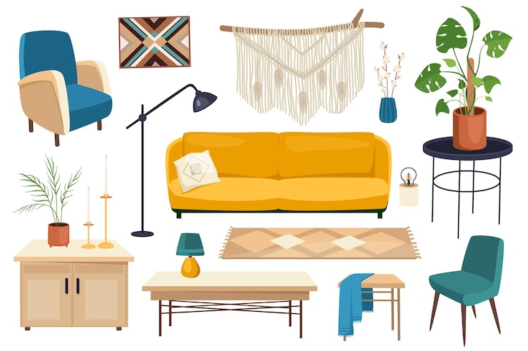 Vector living room interior set graphic elements in flat design