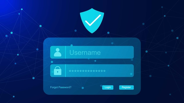 Log in form with shield for cyber security and data protection and encryption concept background