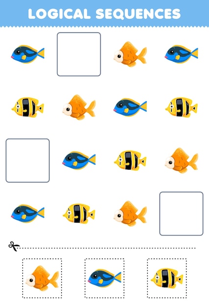 Logical sequences for kids with cute cartoon fish printable pet worksheet
