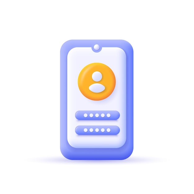 Login screen password form on mobile phone 3d realistic icon in plastic cartoon minimal style