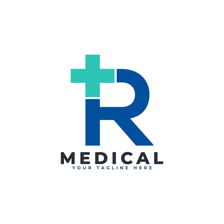 Vector logo huruf r dengan tanda silang dan plus. dapat digunakan untuk logo bisnis, sains, kesehatan, medis, rumah sakit, dan alam