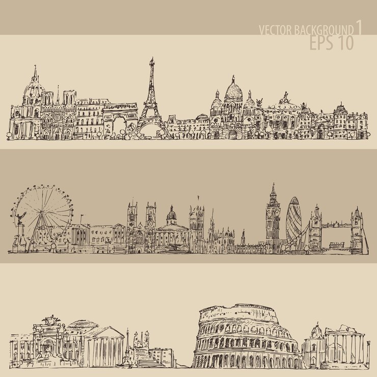 Vector london, paris, rome, big city architecture, vintage engraved illustration