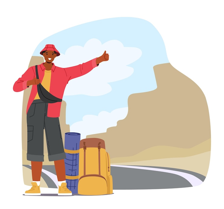 Vector lone traveler character with backpack standing by the road with a thumb up in the air hoping for a ride illustration