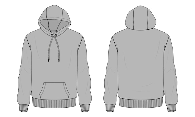 long sleeve hoodie technical fashion flat sketch vector illustration grey color template