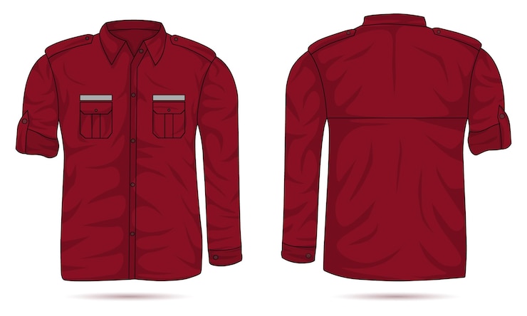 Vector long sleeve work shirt template front and back view maroon pdh shirt mockup