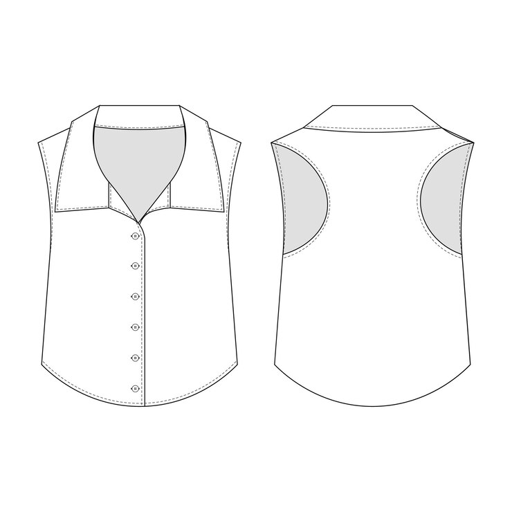 Vector loose collared buttoned sleeveless loose shirt blouse template technical drawing flat sketch cad moc