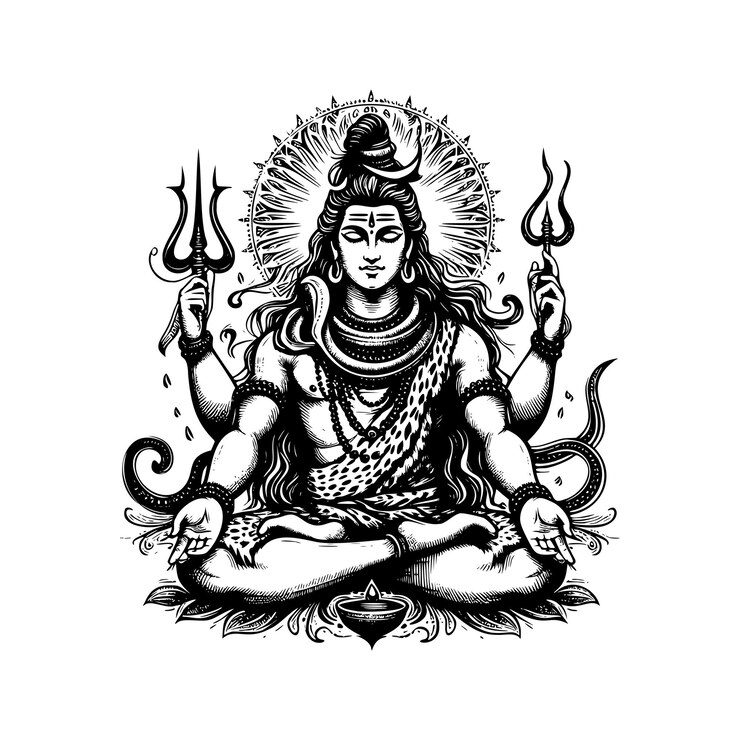 Vector lord shiva illustration hand drawn black and white hindu god vector illustration