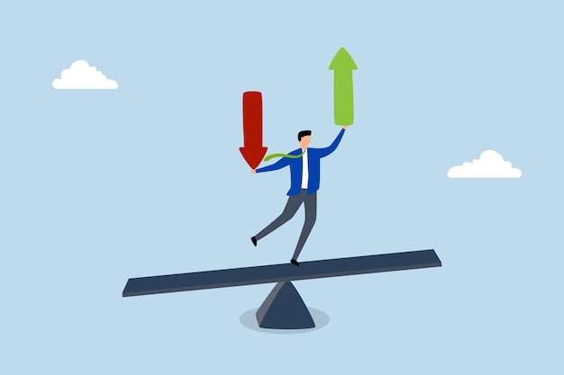 Loss and gain on investment Businessman investor balancing on a seesaw while holding arrows indicating loss and gain