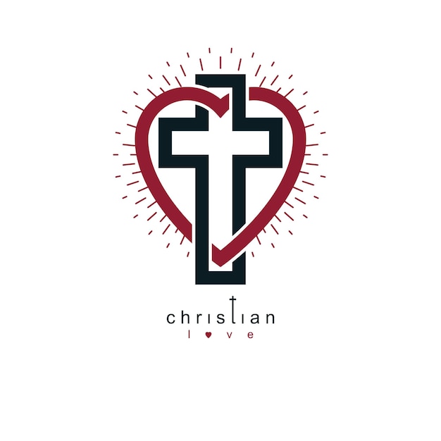 Love of God vector creative symbol design combined with Christian Cross and heart, vector logo or sign.