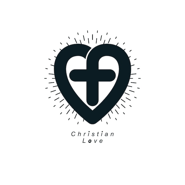 Love of God vector creative symbol design combined with Christian Cross and heart, vector logo or sign.
