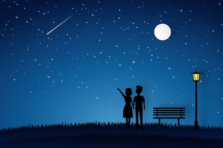 Vector lover walking in the garden and looking to the moon 