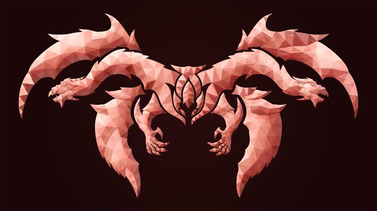 Vector low poly art with red crystal two headed dragon
