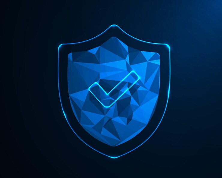 Vector low poly shield with checkmark cybersecurity concept digital protection blue geometric 3d design