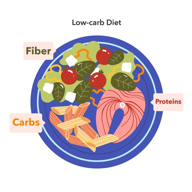Vector lowcarb diet concept illustration of balanced meal with labeled nutrients proteins carbs and fiber