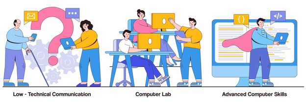 Lowtechnical communication computer Lab advanced skills concept with people character Computer skills requirement vector illustration set IT learning devices for older people laboratory