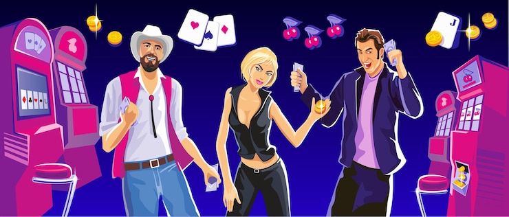 Vector lucky woman hold casino chips while spinning roulete. lucky man hold money. interior casino - slot machines, chairs, light projectors. design concept for gambling luck ans successful play.