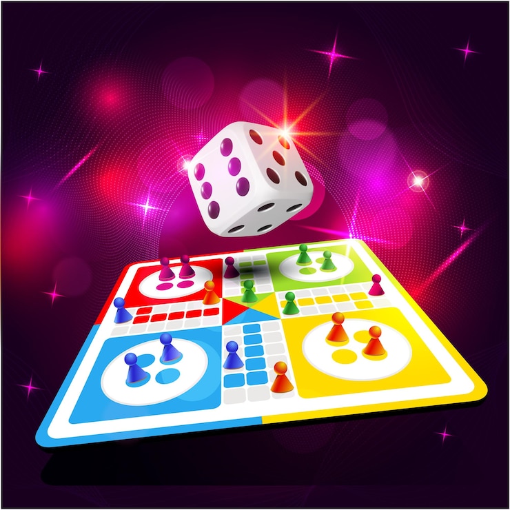Vector ludo board game pegs rolling dice ludo token background