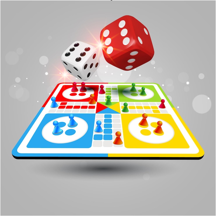 Vector ludo board game pegs rolling dice ludo token background