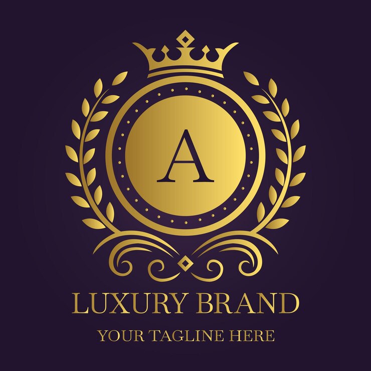 Luxurious gold letter A logo with crown and laurel design on dark background