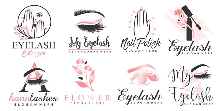 Vector luxury beauty eyelashes extension and nail icon set logo design