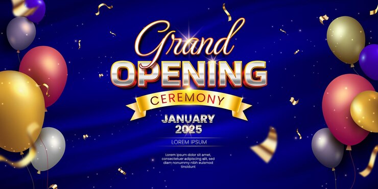 Luxury grand opening ceremony banner with blue silk golden confetti and ribbon