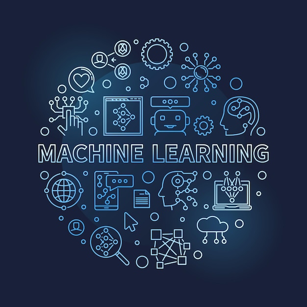 machine learning line round blue banner ml technology vector illustration