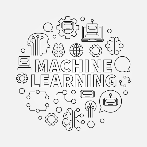 machine learning vector round illustration in thin line style
