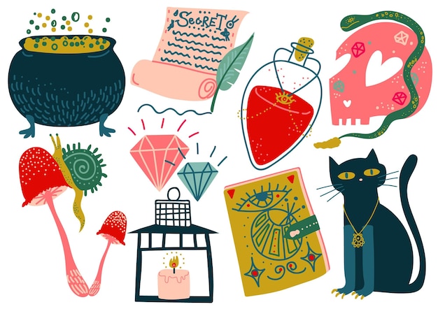 Magic Objects Set Witch Mystery Symbols Magic Show Equipment Vector Illustration on White Background