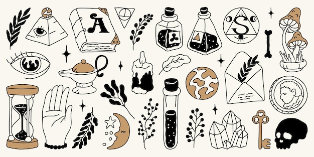 Magic symbols hand drawn tattoo set occult logo Vector collection