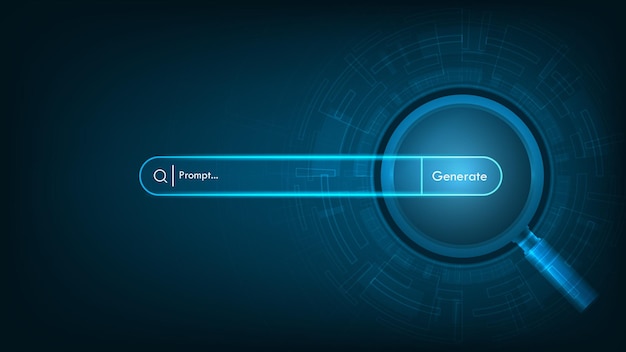 Magnifying glass and AI generative bar on a futuristic background Concept of Artificial Intelligence AI Search Engines Powered SEO optimization Generate an idea by a prompt Vector illustration