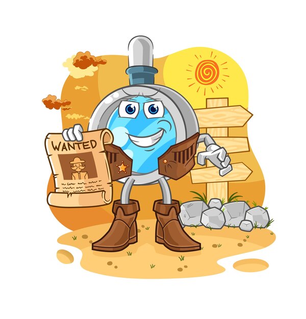 Magnifying glass cowboy with wanted paper cartoon mascot vector