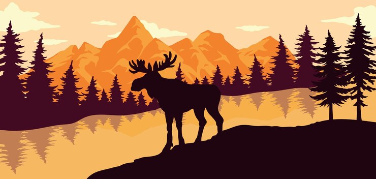 Vector majestic moose silhouetted against mountain sunset